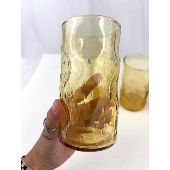 VTG Honey Amber Dimpled Glass Tumblers Pinched Yellow MCM Set of 4 - Picture 5 of 14